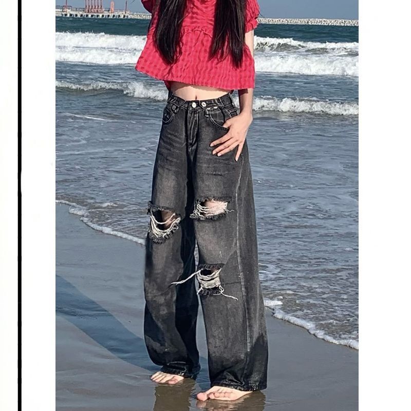 American-Style Distressed Ripped Jeans for Women, Loose Straight Wide-Leg Pants, High Street Ins Trendy Streetwear Long Pants