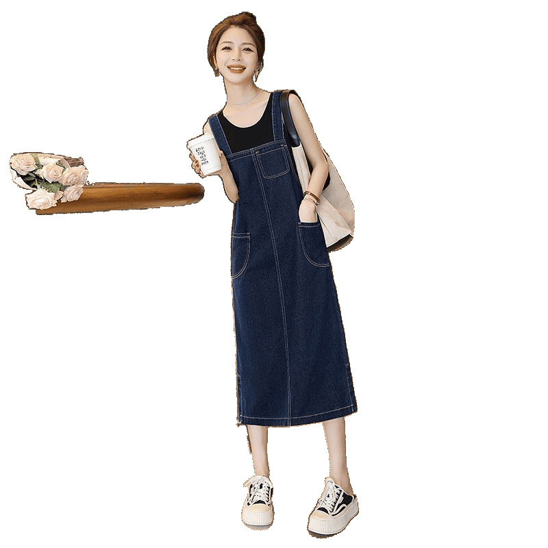 レトロなデニムの背もたれのスカートの夏の新型の女性のゆるいまっすぐな筒はやせている小さい大衆の中で長いタイプのa字のガーターのワンピースを現します。|undefined