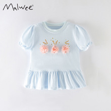 现货malwee女童新款夏季欧美中小童女童装花朵棉短袖圆领T恤衫