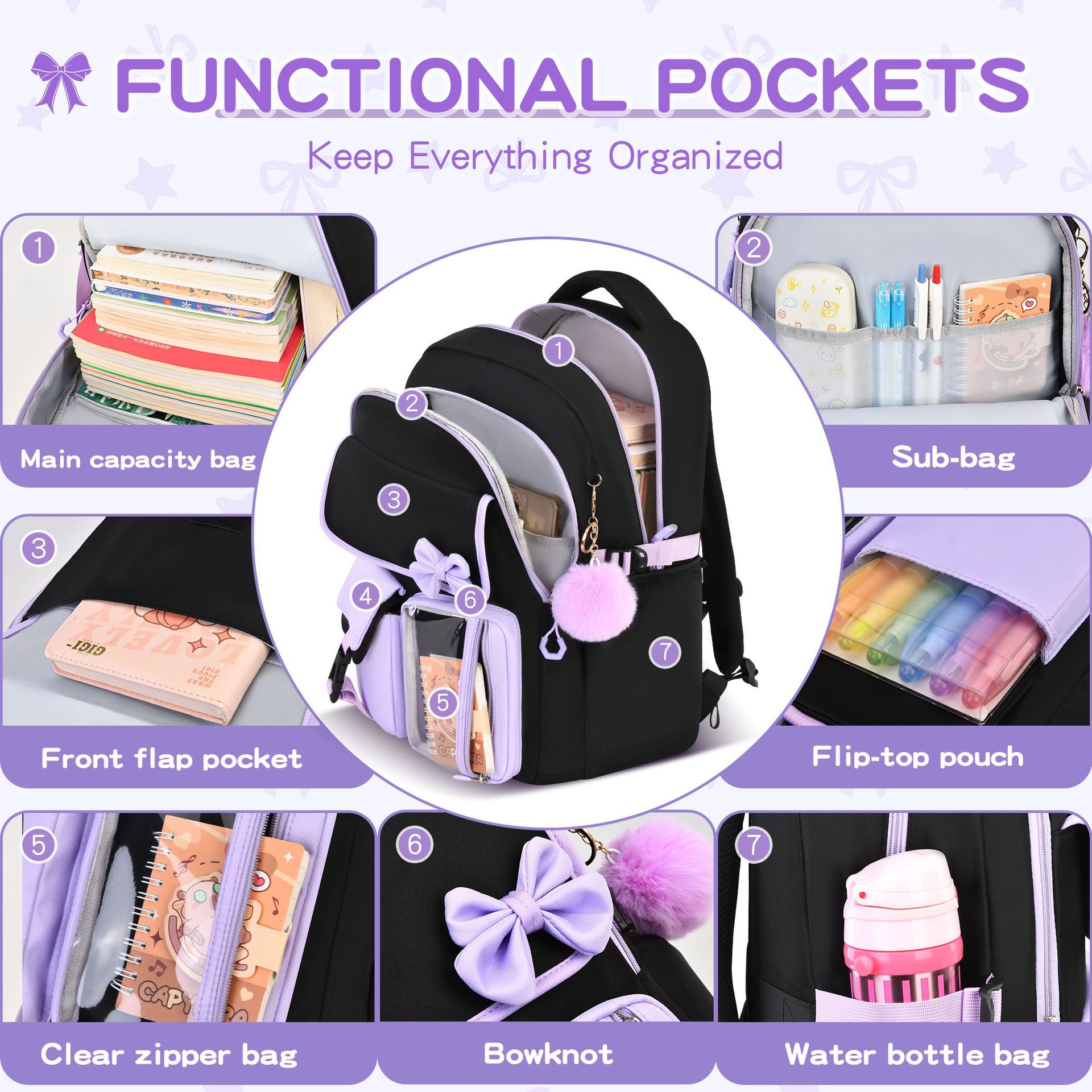 Amazon Best-selling High-capacity Bow Tie Three-piece Set Schoolbag for Girls, Junior and Senior High School and College Students, Backpack