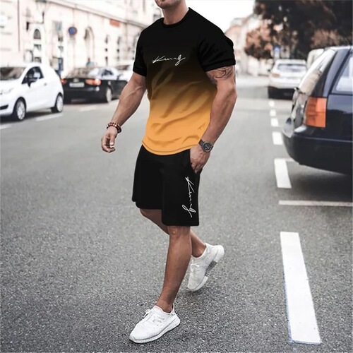 2025 Summer Gradient Color Short Sleeve Shorts Set 3D Digital Printing Simple Letter Gradient T-Shirt Two-Piece Set for Men