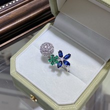瑞钻珠宝新品实验室培育蓝宝石戒指时尚个性圆球花朵女戒S925纯银