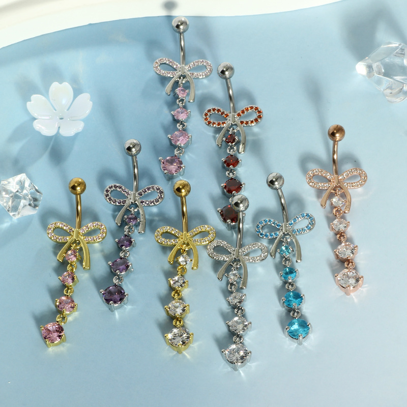 Bow Knot Navel Ring Rose Gold Zircon Belly Button Ring 316L Surgical Steel Body Piercing Jewelry for Women Men detail image 7