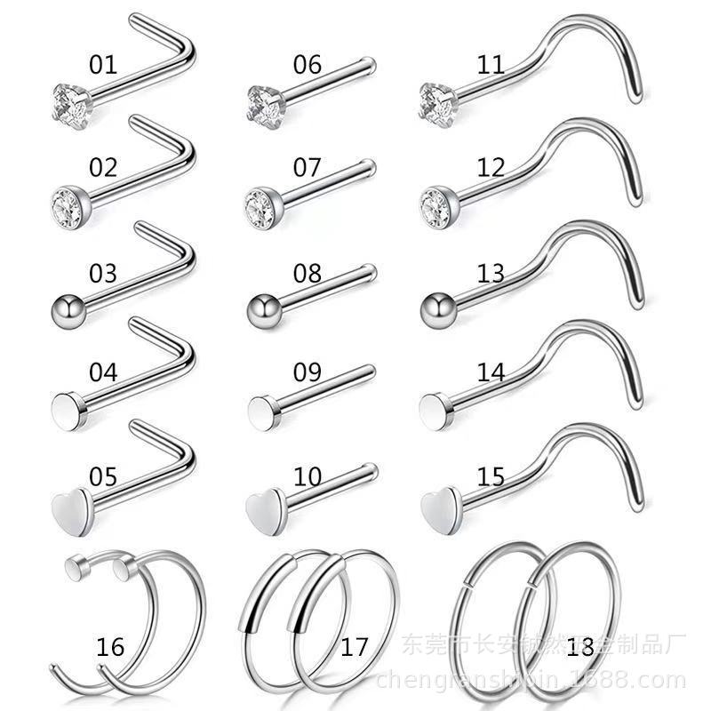 Cross-Border Combination Nose Stud Set Nose Ring Studs Body Piercing Accessories Stainless Steel Nose Stud Jewelry Zircon Amazon
