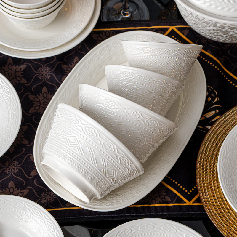 Jingdezhen Rice Bowl Underglaze Color Tableware Source Factory Wholesale Embossed Ceramic Dishes and Tableware Set Light Luxury Home