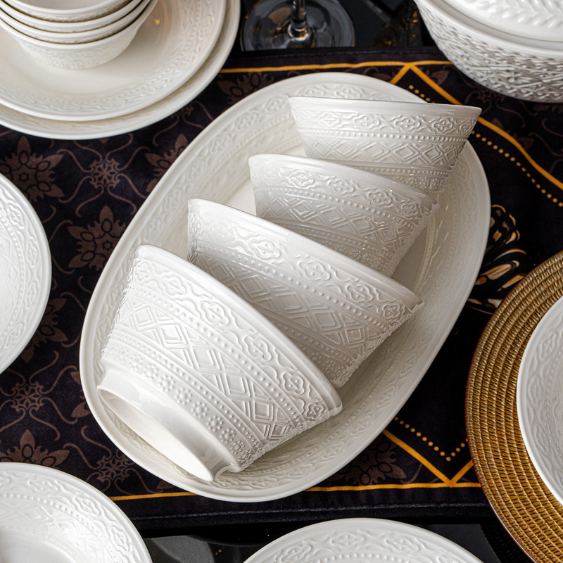 Jingdezhen Rice Bowl Underglaze Color Tableware Source Factory Wholesale Embossed Ceramic Dishes and Tableware Set Light Luxury Home