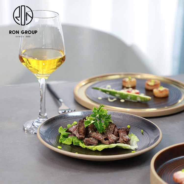 Simple Elegant Line Pattern Series Round Baking Plate Crude Pottery Steak Plate Breakfast Plate Gold-plated Hotel Restaurant High-grade Plate