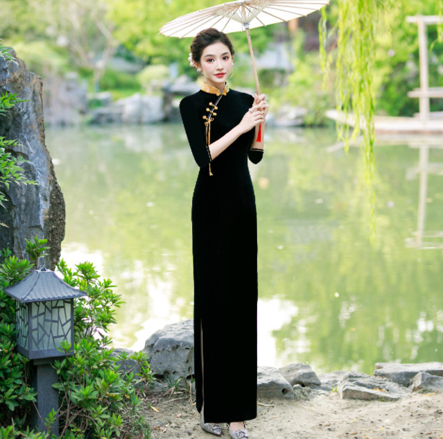 Retro Catwalk Cheongsam Dress, New Elegant Elegant Waist Slimming Look Long Skirt Banquet Party Bride Toast Dress