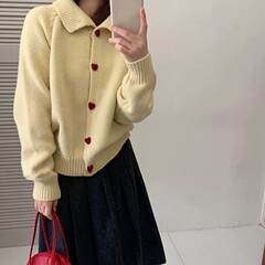韩系甜美高领爱心扣针织开衫女2025秋冬新款翻领纯色宽松毛衣外套