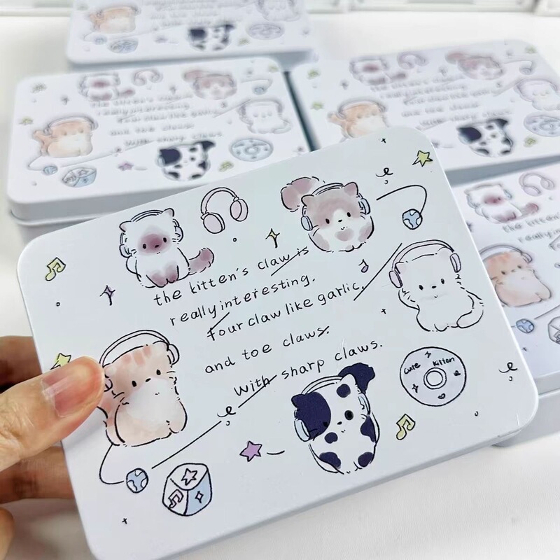 Ins Cute Headphones Kitten Tinplate Box Handbook Sticker Small Card Storage Student Desktop Stationery Storage Box Ins Cute Headphones Kitten Tinplate Box Handbook Sticker Small Card Storage Student Desktop Stationery Storage Box