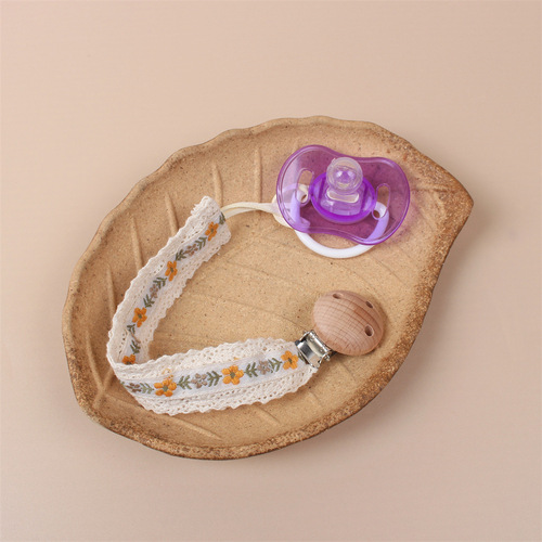 Ins infant embroidery pacifier chain baby teether small toy anti-drop lace beech wood pacifier clip hanger cord