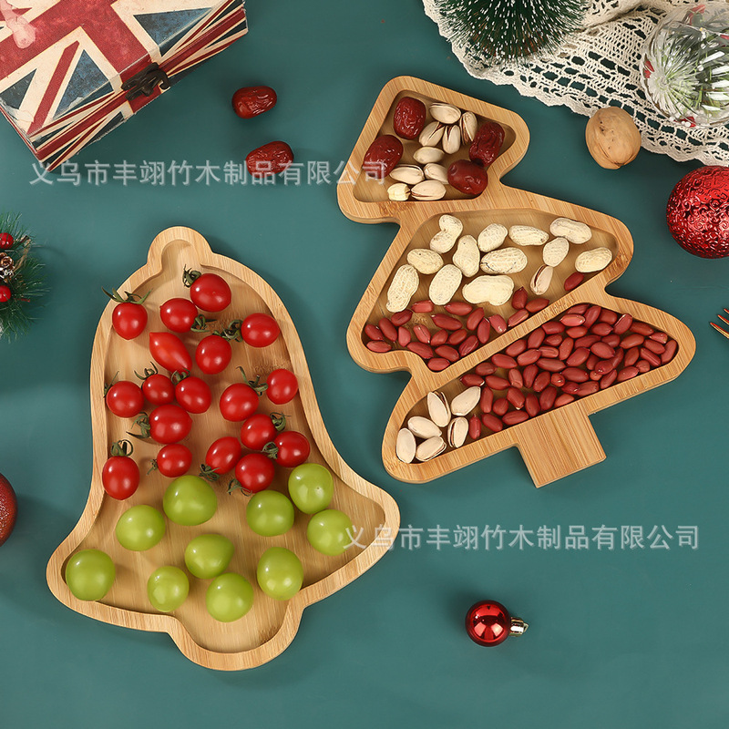 Christmas Tableware Party Bamboo Plate Restaurant Fruit Dessert Divided Tray Cross-Border Holiday Home Decoration Bamboo Plate