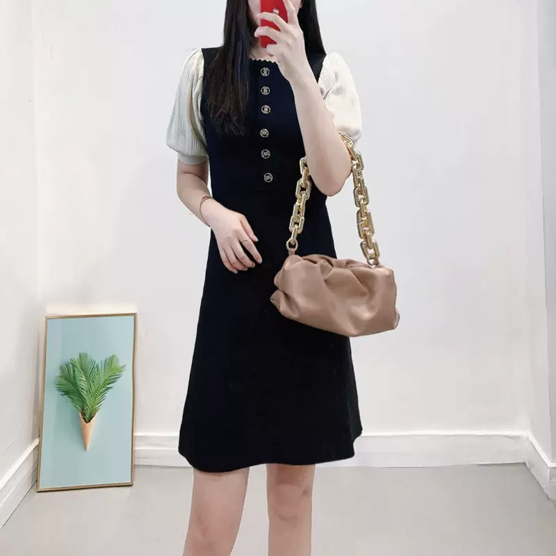 法式女装早秋新款花边短袖撞色圆领针织茶歇裙轻奢名媛风连衣裙女