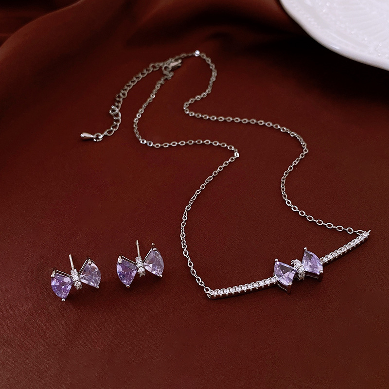 Zircon bow necklace and earrings set