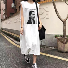 亚马逊韩版女装头像印花减龄无袖T恤慵懒风休闲宽松显瘦中长款裙