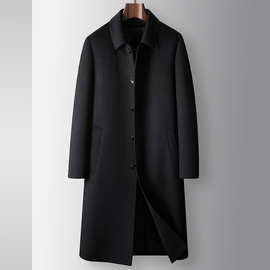 绵羊绒男式毛呢大衣秋冬过膝长款中年商务行政翻领脱卸兔毛胆外套
