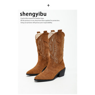 2025 Spring and Autumn New V-Mouth Embroidered Western Riding Boots Vintage Mid-Calf Pointed Toe Chunky Heel Long Boots Cross-Border