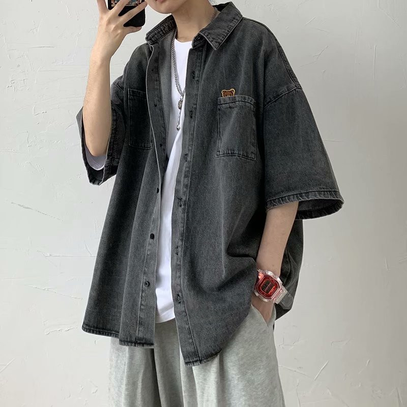 Summer Hong Kong Style Short-Sleeved Denim Shirt Men's Ins Trendy Brand Japanese Style Niche Design Casual Loose Half-Sleeved Jacket