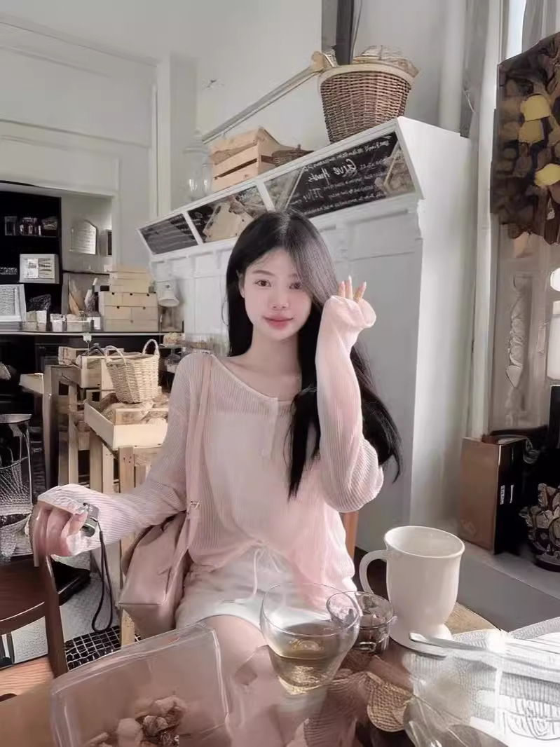 Le Ding ~ Lazy Wind Loose Slim Outer Top 순수 백리스 핑크 선 스크린 블라우스 여성용 레이스 업 블라우스