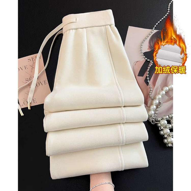 Широкие брюки из кашемира для женщин, осень-зима 2025, весенний стиль, драпированные шерстяные брюки цвета крем-снега на флисовой подкладке, повседневные прямые брюки