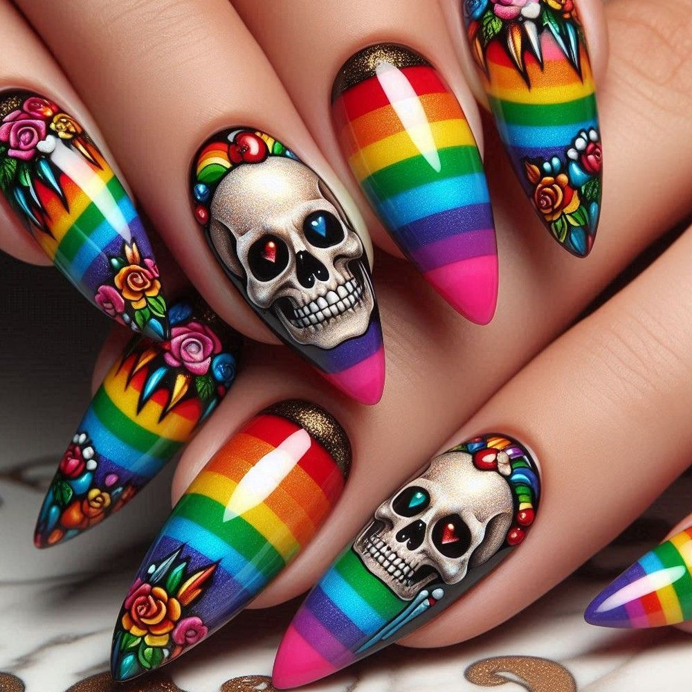 Nueva armadura de vestir de Halloween, rayas de arco iris, flores, calavera, uñas, 24 piezas, pegatinas de uñas de comercio exterior