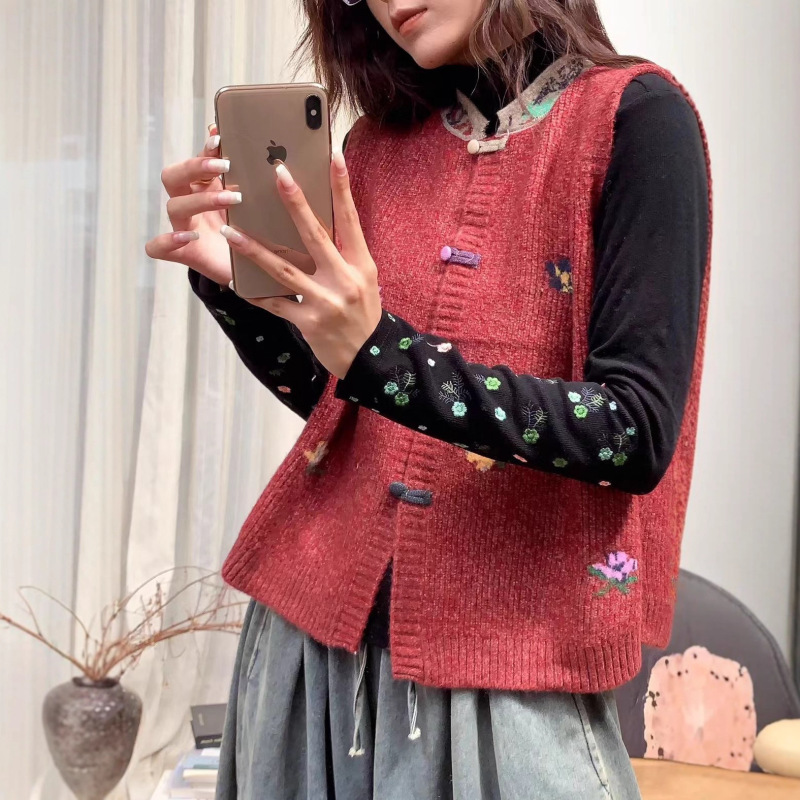 新品纽扣开衫撞色背心女复古文艺叠穿无袖针织马甲|undefined