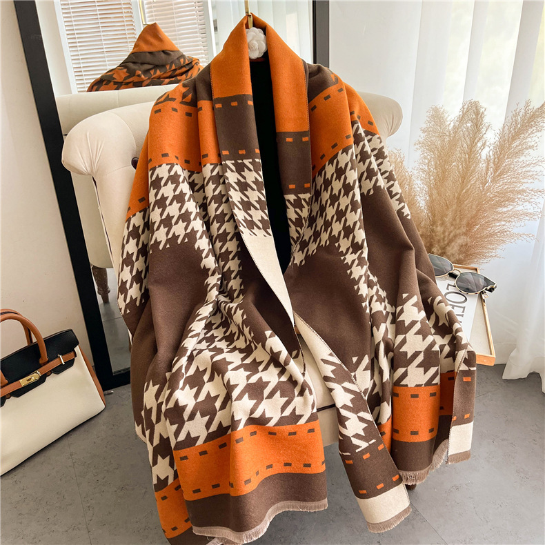 620g Weight Scarf Classification Outdoor, Daily Occasion Imitation cashmere Material Houndstooth, Color Block Pattern Winter Season Women's Gender Tassel Design Sweet, Simple Style Style Women's Sweet Simple Style Houndstooth Color Block Imitation Cashmere Tassel Scarf 4