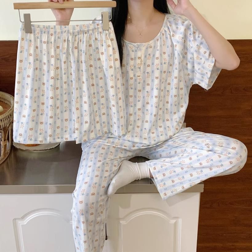 Comercio exterior al por mayor primavera y verano nuevos pijamas pantalones de manga corta para mujer pantalones cortos de tres piezas servicio a domicilio nube algodón rayas oso