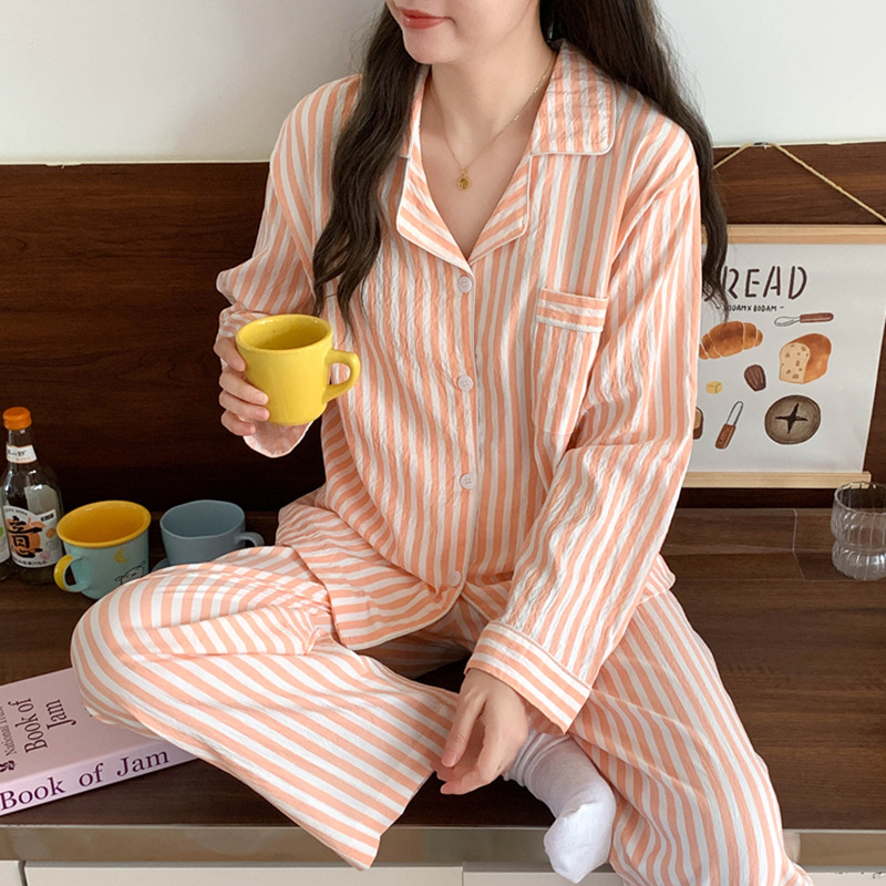 Spring and Autumn New Cloud Cotton Cardigan Long Sleeve Striped Pajamas Women's Simple Casual Home Clothes suit Can Wear
