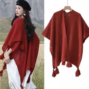 Pure Cotton Hollow Skirt Cape Travel Photo Shawl Cape Spring and Summer Knitted Wool Outer Cardigan