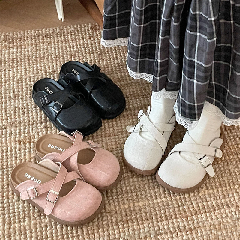 Black Retro Baotou Thick-soled Non-slip Slippers Women's Summer Outwear 2025 New Height-increasing All-match Half-drag Birkenneth Shoes