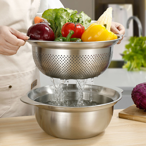 304 stainless steel cooking pot draining pot egg beating pot rice washing sieve rice washing basket salad bowl draining bowl household multi-purpose sieve