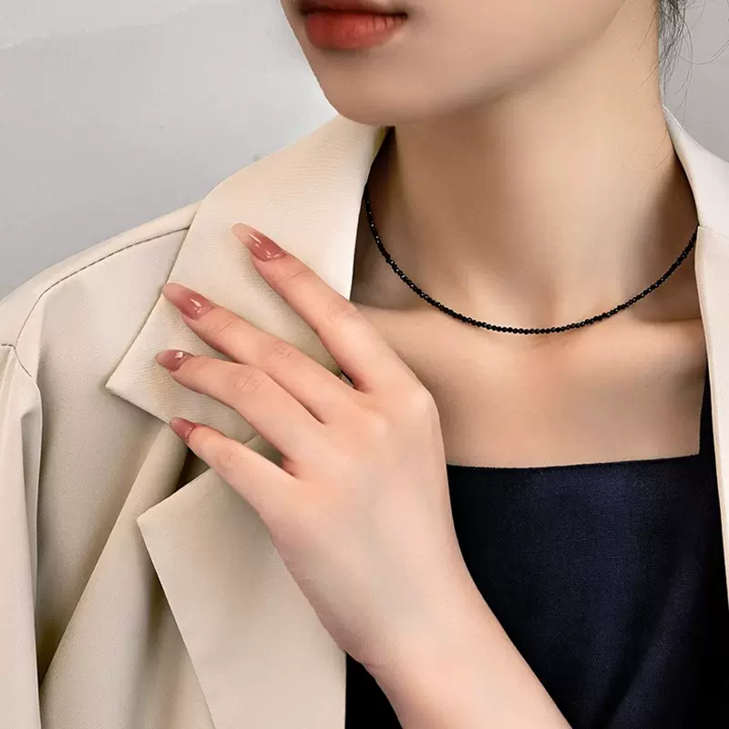 黑色天然水晶项链轻奢小众颈链锁骨链项链女不掉色脖子首饰配饰