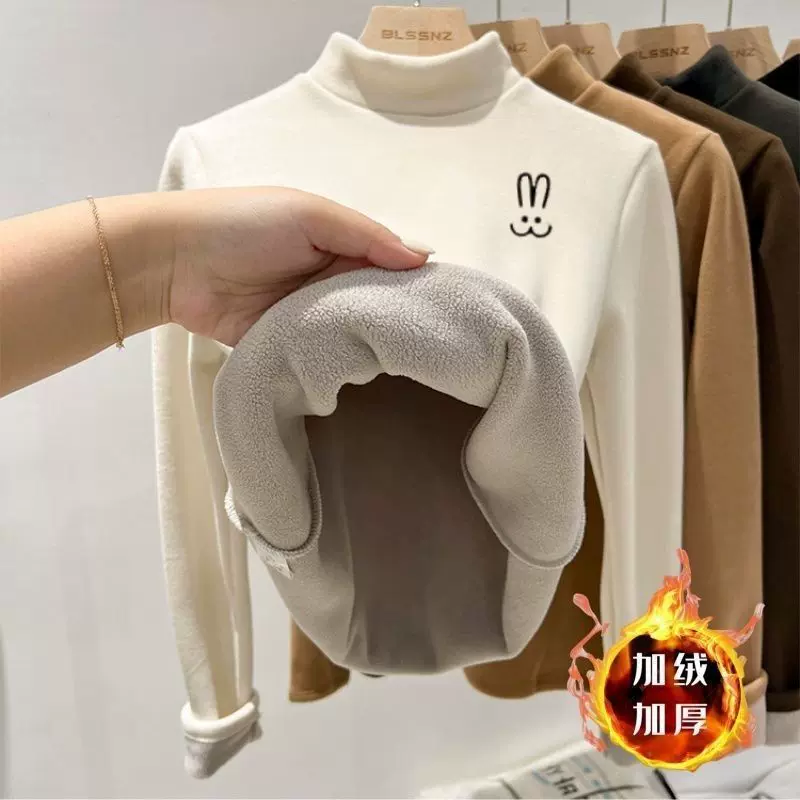 男女童加绒加厚打底秋冬季中大童半高领保暖衣服宝宝长袖T恤上衣