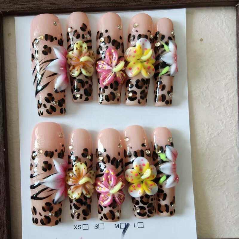 European and American style retro leopard print three-dimensional flower press-on nails, handmade long trapezoidal shape, cross-border supply European and American style retro leopard print three-dimensional flower press-on nails, handmade long trapezoidal shape, cross-border supply