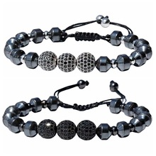 欧美外贸ebay手工编织可调节串珠手链 微镶黑锆diy可调节手链男士