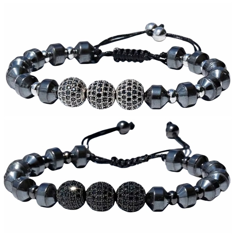 欧美外贸ebay手工编织可调节串珠手链 微镶黑锆diy可调节手链男士