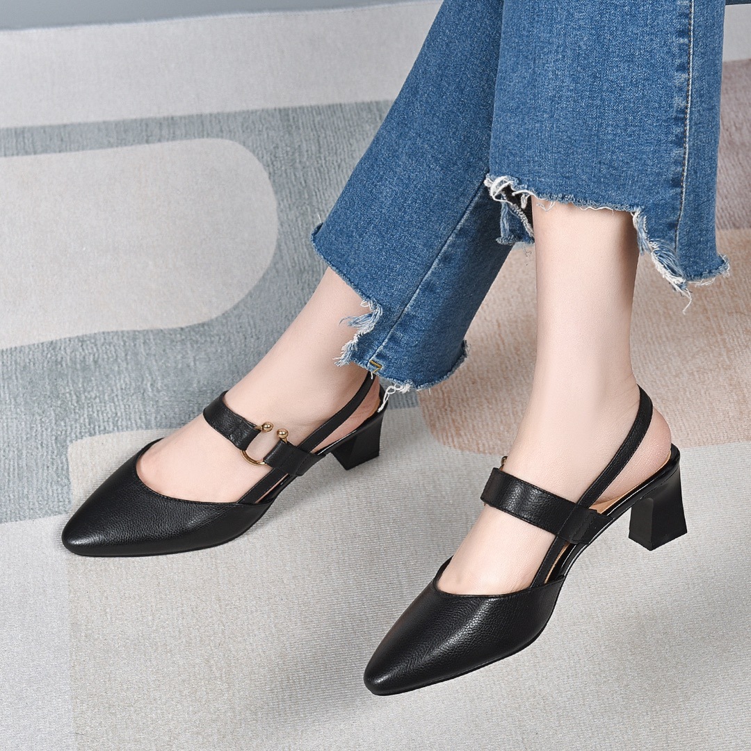 Sandal nữ da thật mũi nhọn gót vuông 5 cm, hở gót, phong cách mùa hè — Đen 5cm