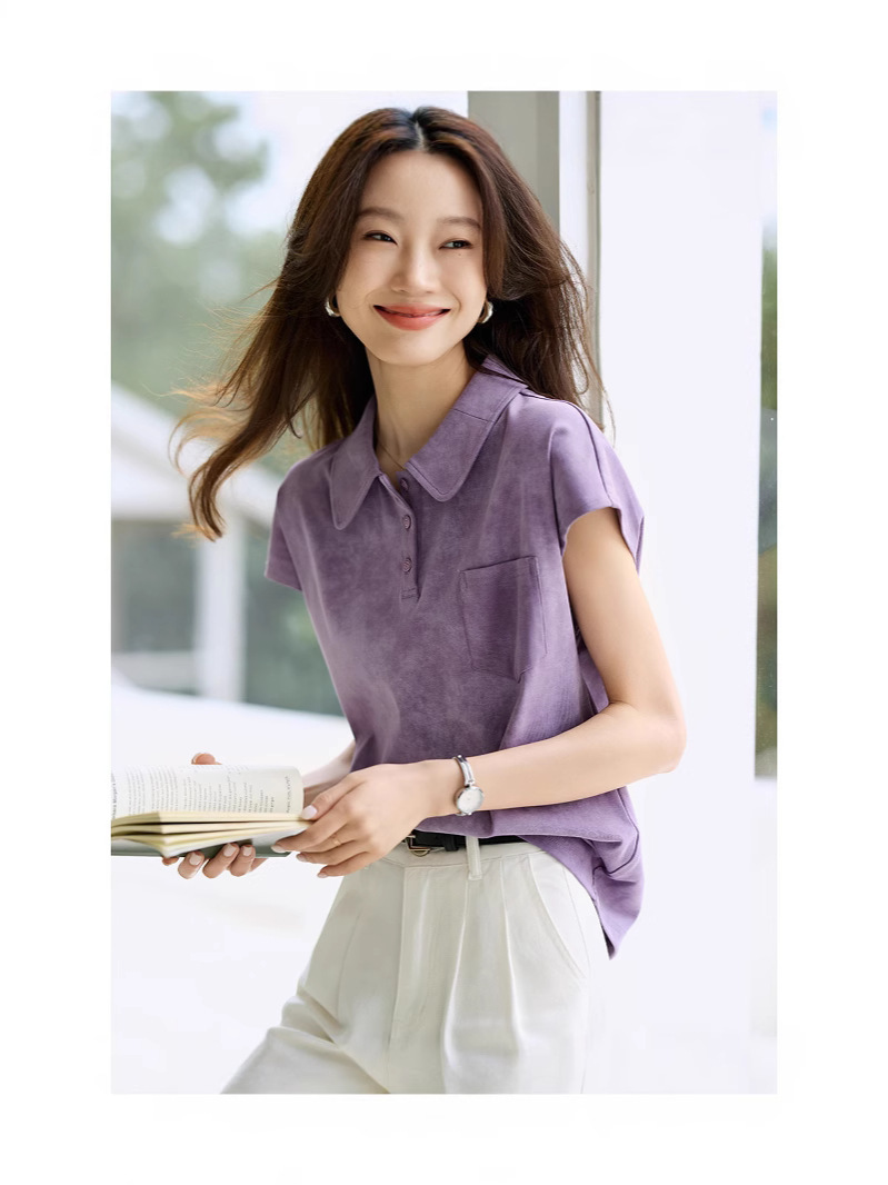 Áo thun polo cổ bẻ nữ họa tiết loang màu mùa hè — tím