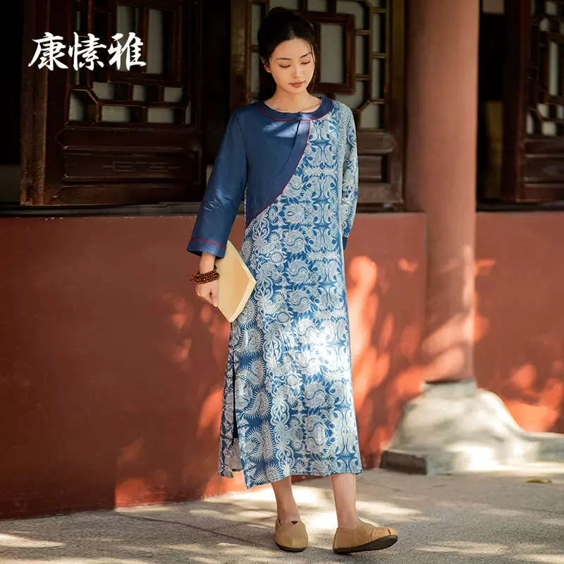 康愫雅瑜伽长裙女中国风古典印花宽松七分袖拼接民族风禅修服裙子