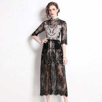 Summer retro palace style ladies temperament stand-up collar mid-length waist-length thin chain link flower lace dress dress female