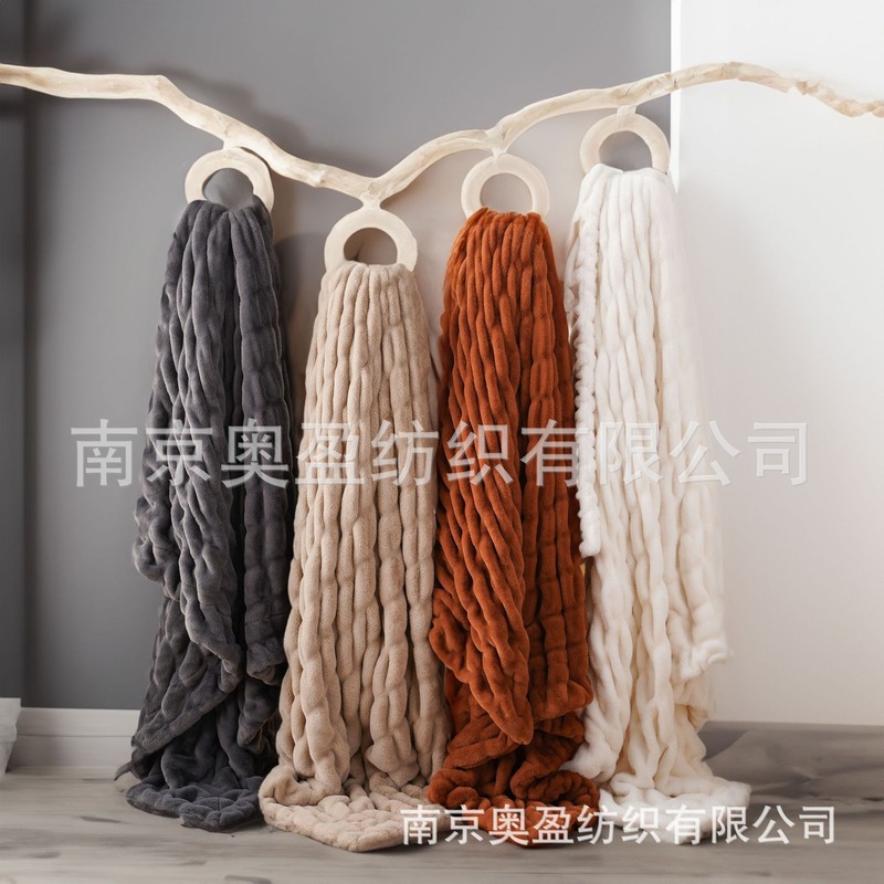 亚马逊毛毯双面加厚仿兔毛提花竹节毛毯AB面兔毛绒毯家居沙发盖毯|undefined