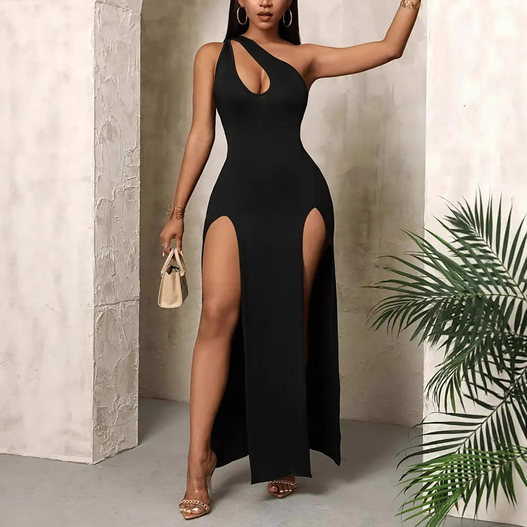 2025 Cross-Border Independent Station Temu Popular Supply European and American Clothing Sexy Slanted Shoulder Slit Long Dress
