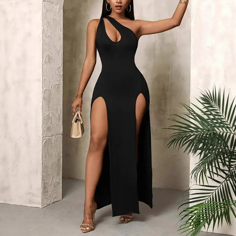 2025 Cross-Border Independent Station Temu Popular Supply European and American Clothing Sexy Slanted Shoulder Slit Long Dress