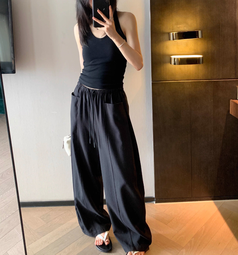 Quần culottes nữ ống rộng cạp thun dây rút vải linen mùa hè — màu đen, màu trắng ngà chi tiết 8