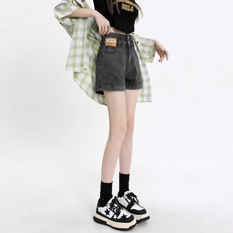 High-Waisted Denim Shorts for Women, Summer Plus-Size Thin Style, Suitable for Wide Hips and Thick Thighs, Loose Fit with Rolled Edges, Trendy Wide-Leg Hot Pants