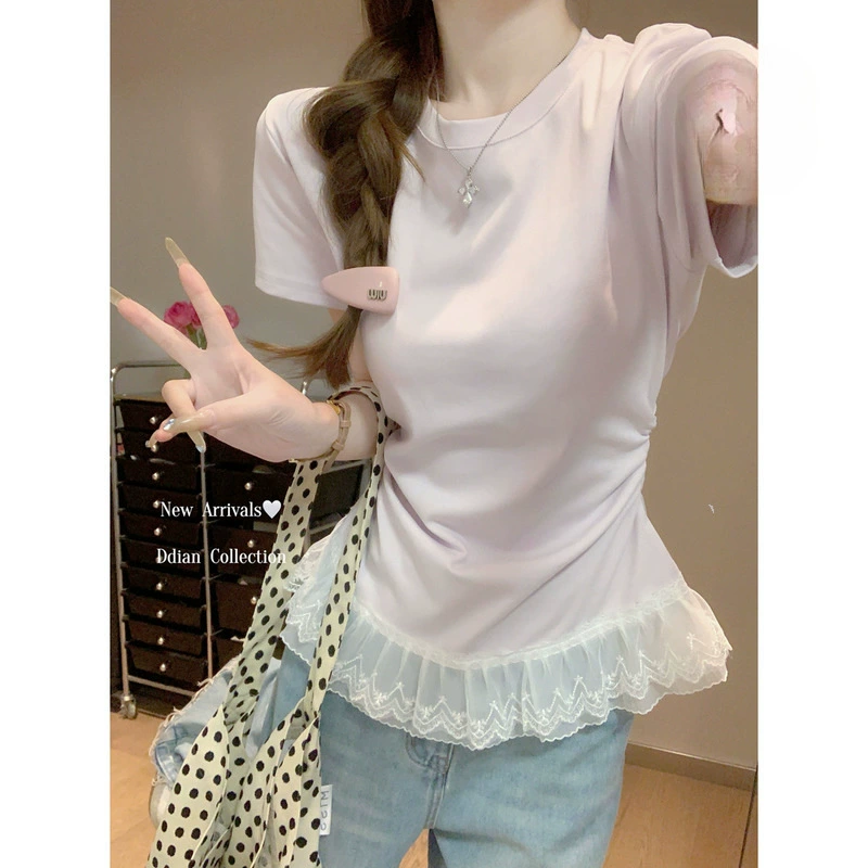 Мию-таро фиолетовое кружево с короткими рукавами футболка женская весна и лето