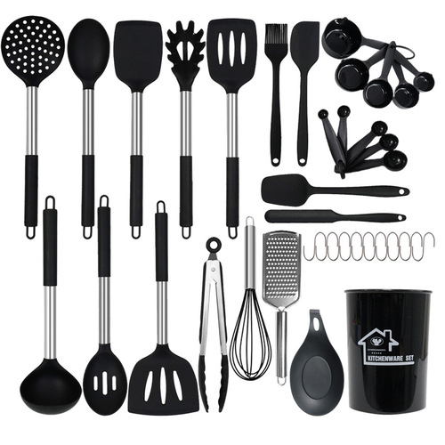 Amazon silicone spatula and spoon 37-piece set stainless steel spatula high temperature resistant non-stick pot silicone kitchenware set wholesale