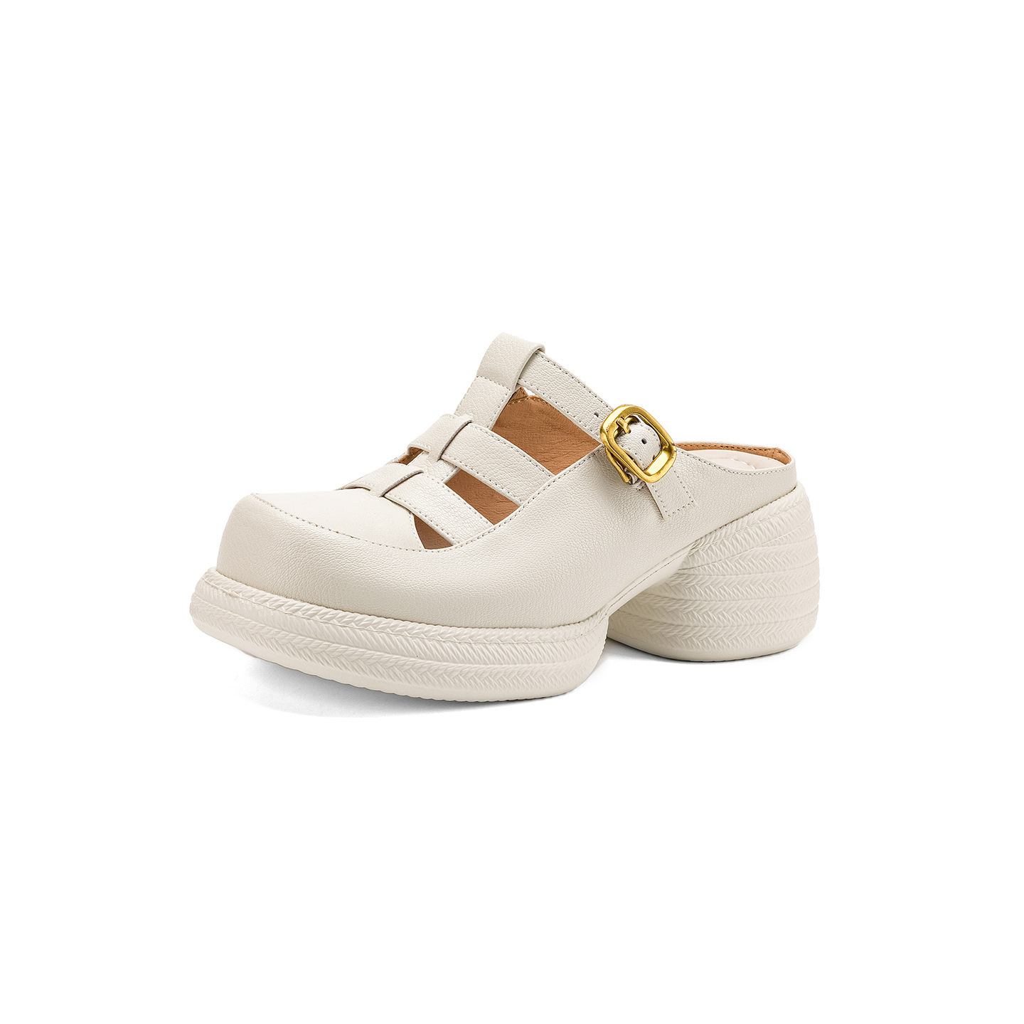 Sandal cao gót nữ mũi hở đế dày da cừu kiểu dệt lỗ — màu trắng ngà chi tiết 22