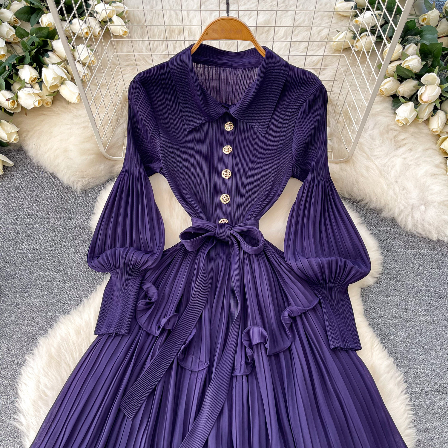 Korean Style Lantern Sleeve Dress, Women's Fitted Waist Tie Ruffle Pleated Cake Skirt, Slimming Long Skirt_ecoleips.com